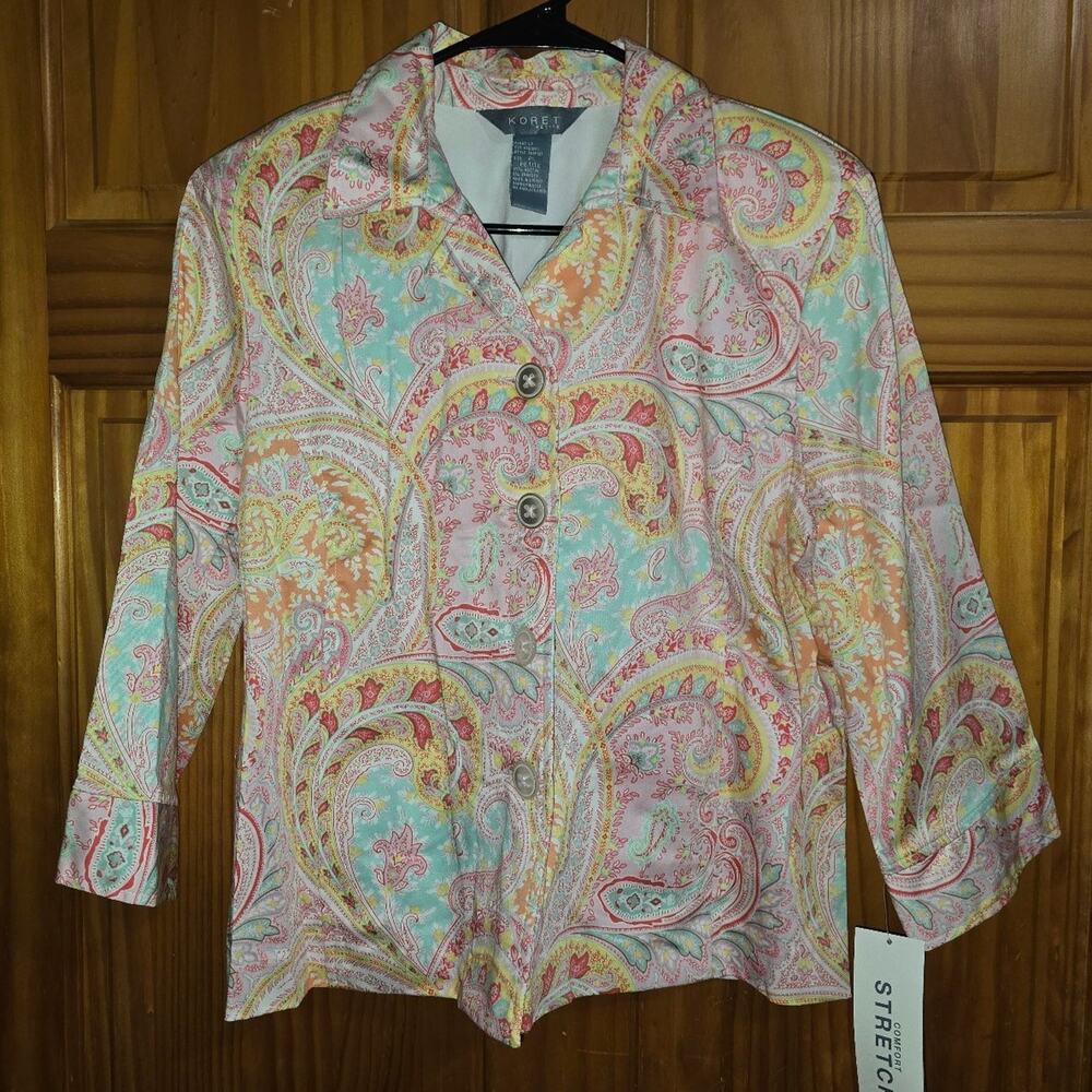 Koret Blazer Womens P-L Button Up Pockets 3/4 Sleeve Lined Multicolor Paisley